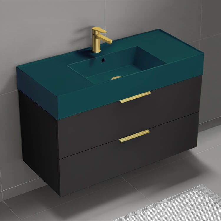 Nameeks DERIN330 Green Sink Bathroom Vanity, Wall Mounted, Modern, Single, 40 Inch, Matte Black